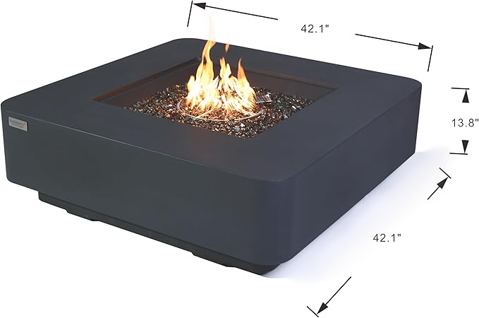 Elementi+ | Bergamo Gas Fire Pit Cast Concrete 42" Square Fire Table, Outdoor Fire Pit Electronic Ignition | Canvas Cover, Fire Glass and Burner Lid Included | Dark Gray | Propane Gas