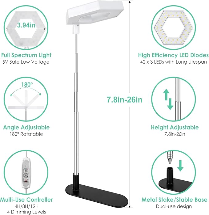 FOXGARDEN Plant Light, 126LEDs Grow Light for Indoor Plants, Full Spectrum Desk Growing Lamp with Detachable Base, Height Adjustable 7.8"-26" with Auto Timer 4H/8H/12H, 4 Dimmable Brightness, 3 Pack