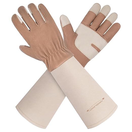 HLDD HANDLANDY Leather Gardening Gloves for Women & Men, Long Sleeve Rose Pruning, Thorn Proof Garden Work Gauntlet, Animal Handling (Large, Light Brown)