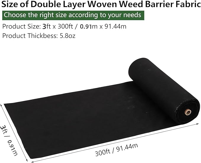 PioneerWorks Woven Landscape Fabric 5.8oz, 3 x 300FT Weed Fabric Barrier, Double Layer, Weed Control Fabric Ground Cover, Garden Fabric Weed Barrier, Gardening Mat for Garden Beds