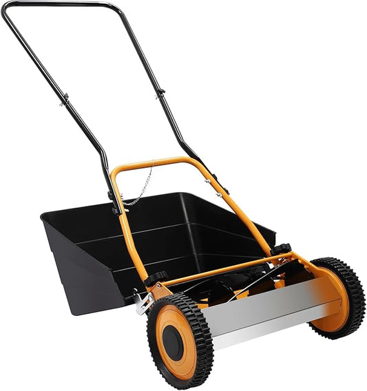 Lawn Mower, Wheeled Reel Mower with Grass Catcher Adjustable Height Manual Reel Push Walk Behind Dual for Cottage, Residential, Backyard, Park Landscaping (16 Inch)