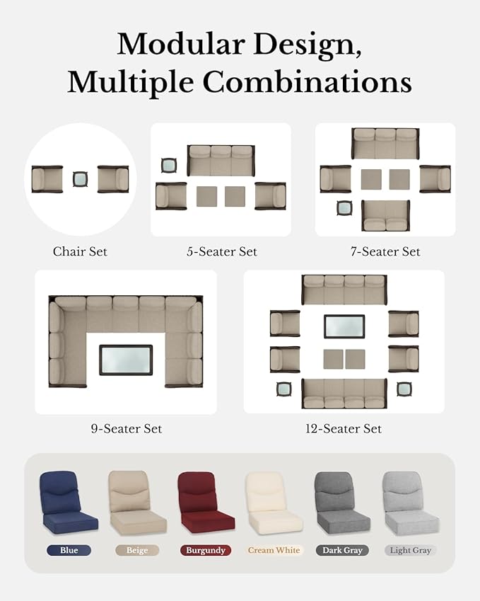 HILLGA Luxury Patio Furniture Set with 6-inch Thick Cushion, Outdoor Couch and High Back Swivel Rocker Patio Chairs, 8PCS Wicker Conversation Set for Deck Yard and Poolside, Beige (V2)