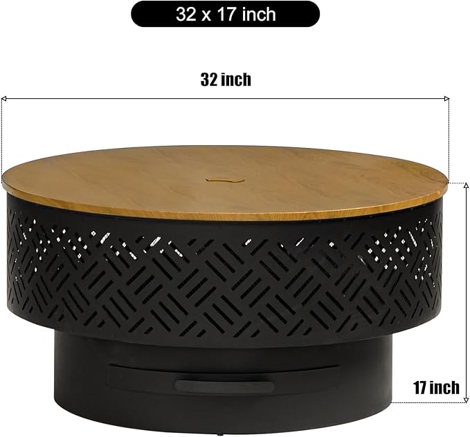 32" Wood Burning Fire Pits with Grill & Lid, Fire Pit Table for Outside with Waterproof Cover & Fire Poker, Outdoor Firepit with Functions for BBQ,Table and Bonfire