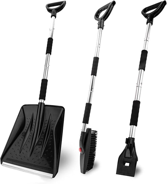 OCGIG 3-in-1 Portable Snow Shovel Kit with Ice Scraper and Snow Brush, Emergency Collapsible Design Snow Remover Set for Garden, Camping, Car, Trucks and Other Outdoor Activities
