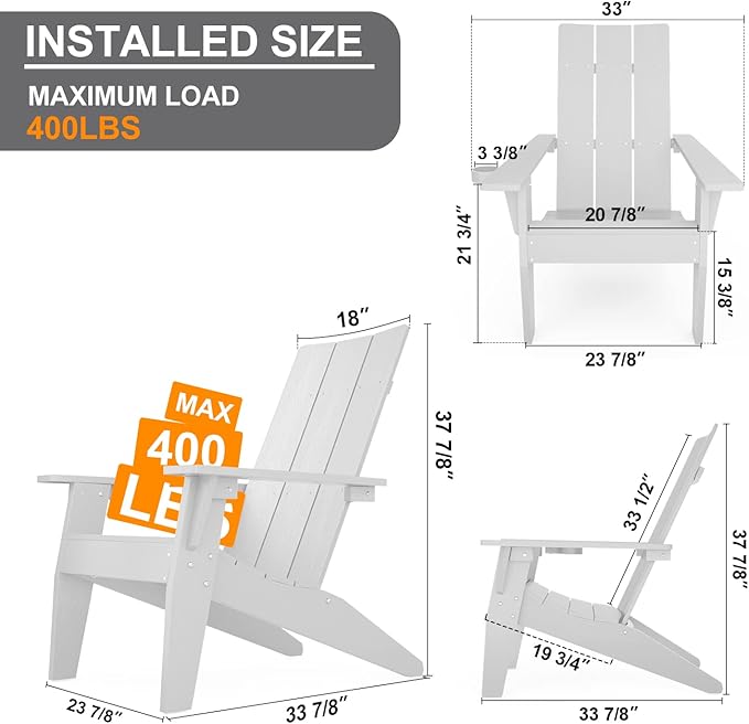MXIMU Modern Adirondack Chairs Set of 2 Weather Resistant with Cup Holder Oversize Plastic Fire Pit Chairs Adorondic Plastic Outdoor Chairs for Firepit Area Seating (White)