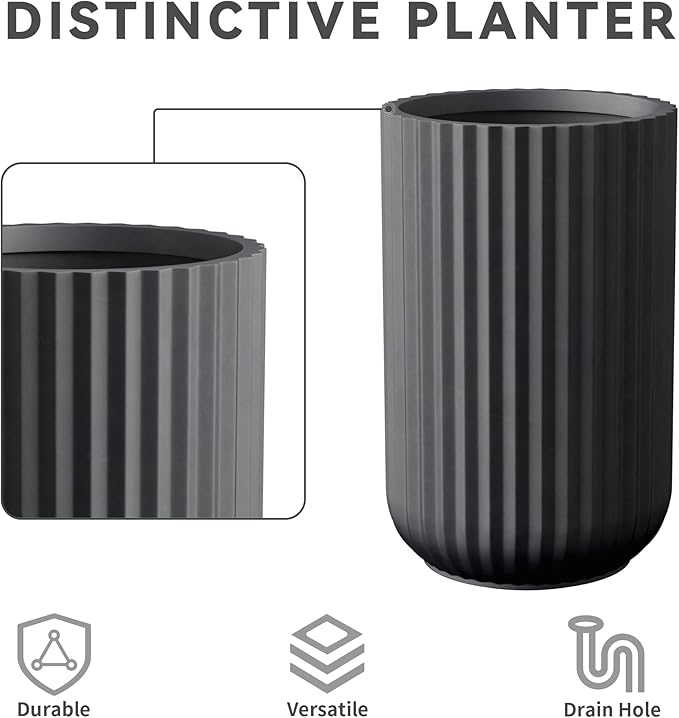 Kante Tall Fulted Planter, 21.7 Inch Tall Round Concrete Plant Pots with Drainage Hole and Rubber Plug, Modern Decor for Indoor Outdoor Plants, Flower, Black