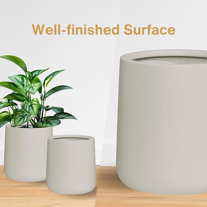 14" H x 13.7" D Conico Fiberstone Round Planter with Drainage Hole, Smooth Finishes, Weather Resistant for Indoor and Outdoor Use, Included 2 Extra Coco Mats (Taupe, 10.6" Pot Opening)