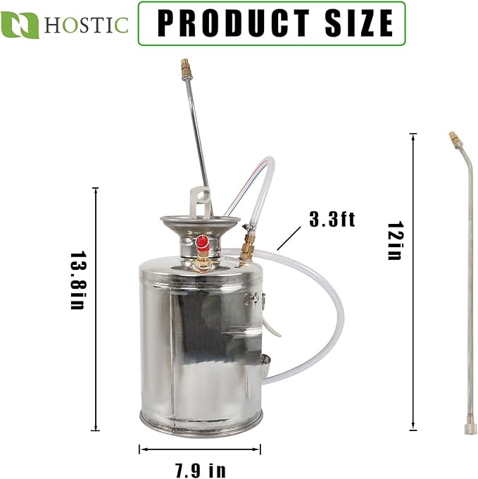 1 Gallon Stainless Steel Sprayer Hand Pump Sprayer with Pressure Gauge Safety Valve Adjustable Nozzle for Gardening Lawn and Cleaning