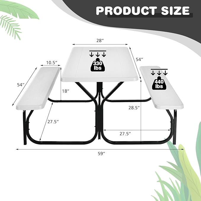Moccha Picnic Table Bench Set - Portable Plastic Picnic Table w/Steel Frame & Wood-Like Texture, All Weather Heavy Duty Picnic Table Kit, Picnic Tables for Outdoors Garden Patio Party Dining (White)