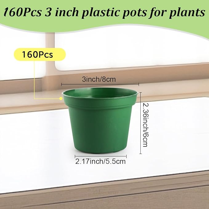 160 Pack 3 Inch Green Nursery Pots - Plastic Seedling, Seed Starter, Germination Pots with Drainage for Plants, Succulents, Flowers, Transplanting Gardening Gifts