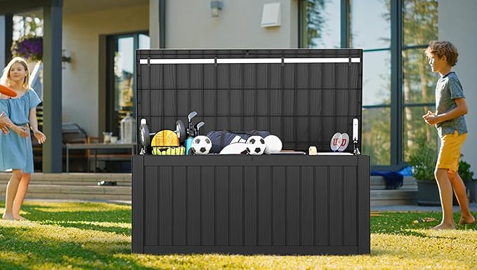 Mars Villa 119 Gallon Deck Box, Large Resin Outdoor Storage Box, Waterproof Storage Bin with Lockable Lid for Patio Furniture Cushions, Pool Supplies, Garden Tools, Weatherproof, Black