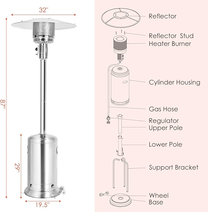 Giantex 48000 BTU Propane Outdoor Patio Heater With Wheels, Stainless Steel Heat Lamp, Trip-over Protection & CSA Certified for Commercial and Household Use (Silver)