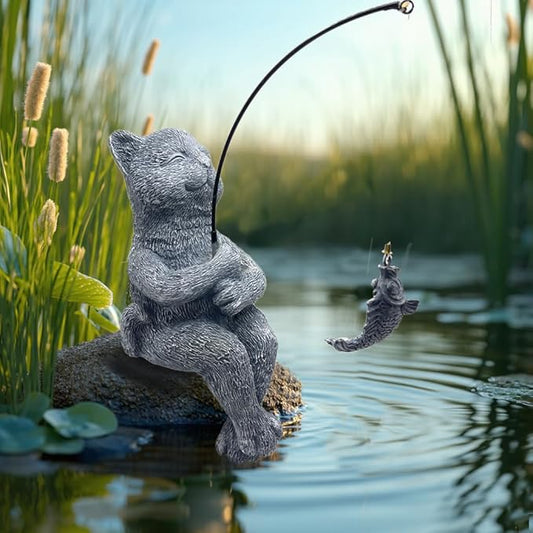 Cat Fishing Statue Garden Decor – 9.8" Weatherproof Resin Cat Fishing Sculpture Decor for Fish Ponds, Koi Ponds, Waterfalls, Poolside & Outdoor Gardens– Resin Figurine for Indoor & Outdoor Décor
