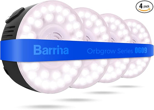 Barrina Orbgrow OG09 Puck LED Grow Light, Pinkish White 36W(4 x 9W, 540 Watt Equiv), Plant Lights for Indoor Plants Full Spectrum, Magnetic & Linkable, Small Grow lamp for Plant Shelf, 4 Packs, Black