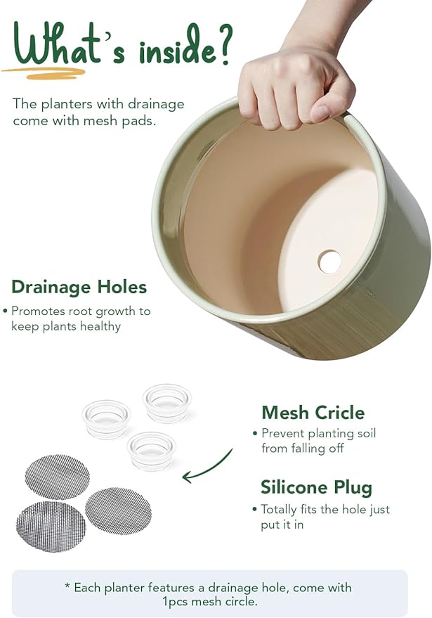 LE TAUCI Ceramic Plant Pots Indoor, 10+8+6 Inch Planters for Indoor Plants, Mid-Century Modern Pots with Drainage Hole and Plug, Cylinder Round Planters, Set of 3, Sage Green