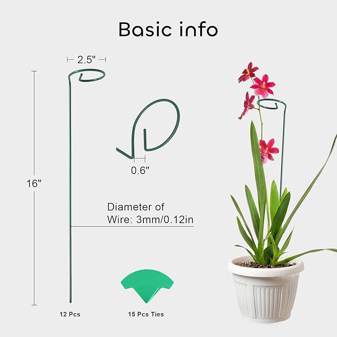 GROWNEER 12 Packs 16 Inches Plant Support Stakes, with 15 Pcs Plant Labels, Garden Single Stem Flower Support Stake, Plant Cage Support Rings for Flowers Amaryllis Orchid Peony Lily Rose