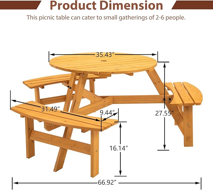 6-Person Outdoor Circular Wooden Picnic Table with 3 Built-in Benches Camping Dining Table for Garden Patio Backyard,Natural Color