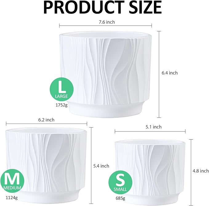 OXART Ceramic Planter with Drainage, 7.6+6.2+5 inch Plant Pot, Set of 3, Round Flower Pots for Intdoor Outdoor Plants, Home, Office, Garden, Lilies, Cacti, Succulents, Snakes, and Pothos, White