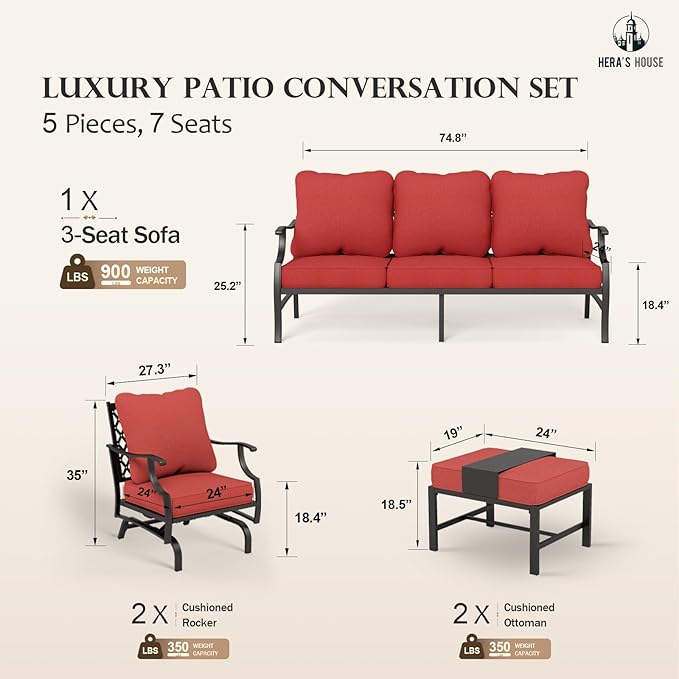 HERA'S HOUSE 5 Pieces Patio Furniture Set, 2 x Rocking Chair, 2 x Ottoman, 1 x 3-Seat Sofa, All Cushioned 7 Seats Metal Outdoor Conversation Set for Lawn Garden Backyard