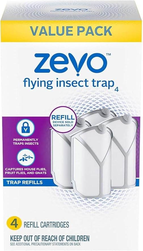 Zevo Indoor Flying Insect Trap Refills – 4-Pack Cartridges – Continuous Protection Against Flies, Fruit Flies & Gnats