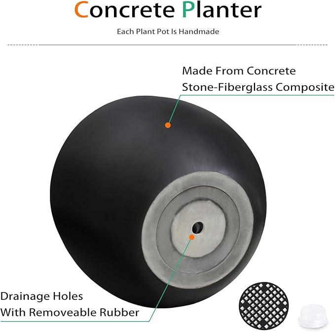 Ball Concrete Planter Outdoor Indoor, Large Tall Cement Plant Pots for Trees Flowers (Black, 18 inch)