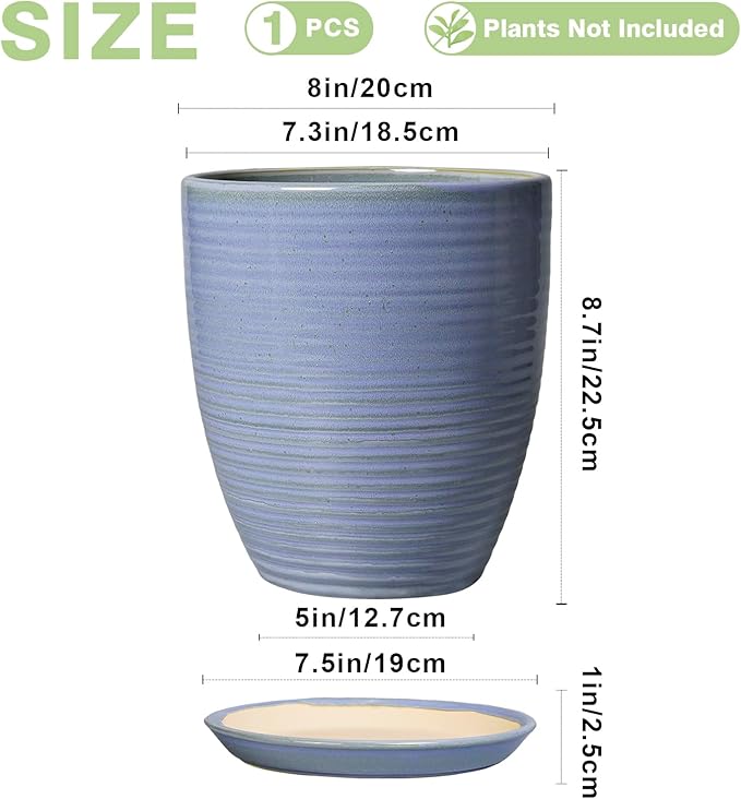 EEPFamily 8 Inch Plant Pot- Ceramic Planter for Indoor Outdoor with Drainage Hole and Plant Tray, Modern Round Porch Home Office Garden Living Room Decor, House Warming Gifts, Blue-Purple