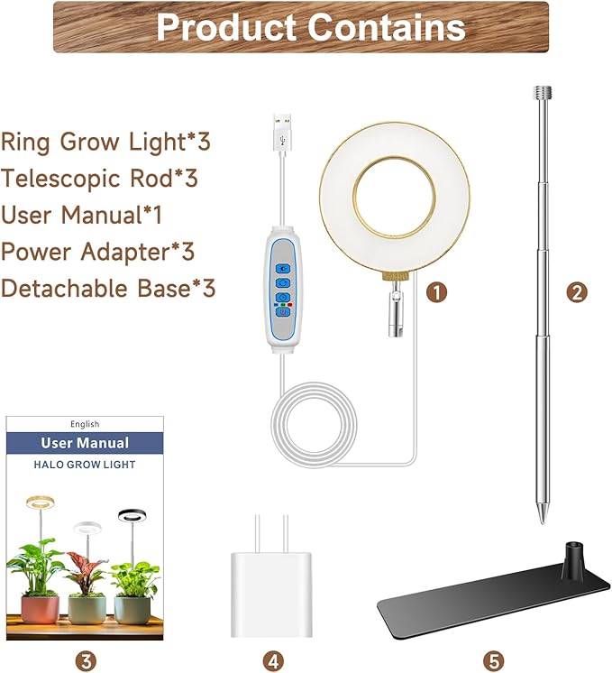 Grow Light, 48 LEDs Full Spectrum Plant Lights for Indoor Growing, Height Adjustable Faux Wood Grain Plant Grow Light with Base, 3 Optional Spectrums, Auto Timer 6/12/16Hrs, 5 Brightness