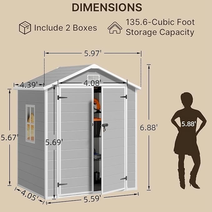 Gizoon 6x4.4 FT Resin Storage Shed Outdoor, Resin Shed with Floor, Garden Shed Weather Resistant Plastic Tool Shed with Lockable Door for Backyard, Garden, Patio, Lawn, Grey