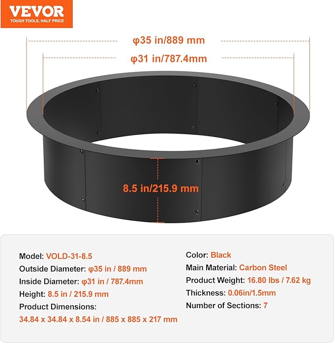 VEVOR Fire Pit Ring, 35-Inch Outer/31-Inch Inner Diameter, 10inch Height Fire Pit Insert, Heavy Duty Carbon Steel Liner DIY Campfire Ring Above or In-Ground, for Outdoor Camping, Bonfires