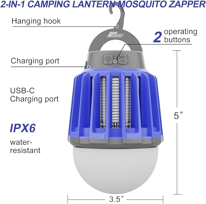 Wisely Bug Zapper Outdoor/Indoor Electric, USB-C Rechargeable Mosquito Killer Lantern Lamp, Portable Insect Electronic Zapper Indoor Trap, with LED Light 2PK