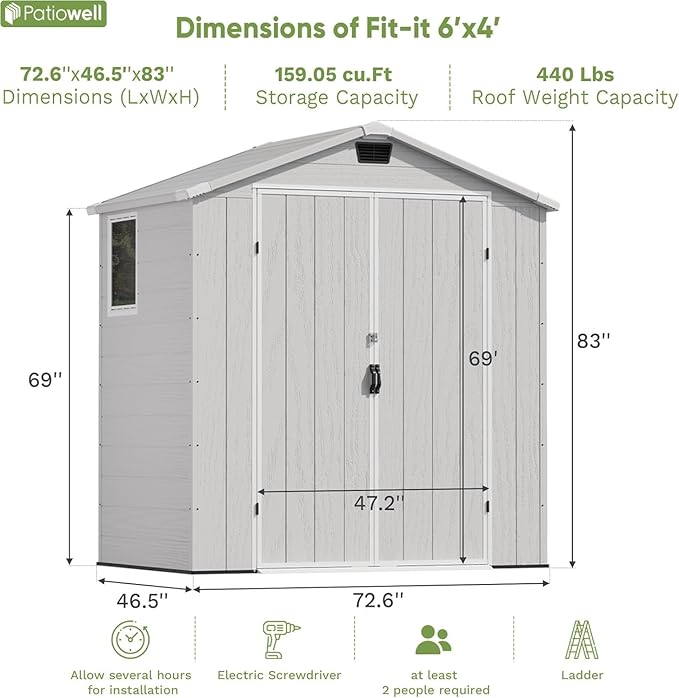 Patiowell 6 x 4 FT Outdoor Storage Shed, Plastic Tool Shed with Lockable Door & Window, Weather-Resistant Garden Shed with Floor for Backyard, Patio, Easy Assembly, Light Grey