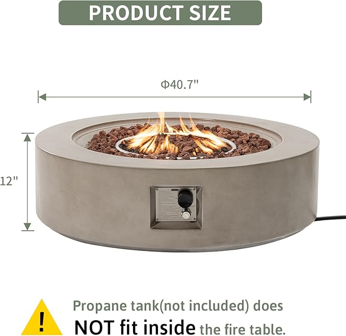 COSIEST 42 inch Outdoor Propane Fire Pit Coffee Table w Concrete Round Base Patio Heater, 50,000 BTU Stainless Steel Burner, Free Lava Rocks, Rain Cover(Gray)