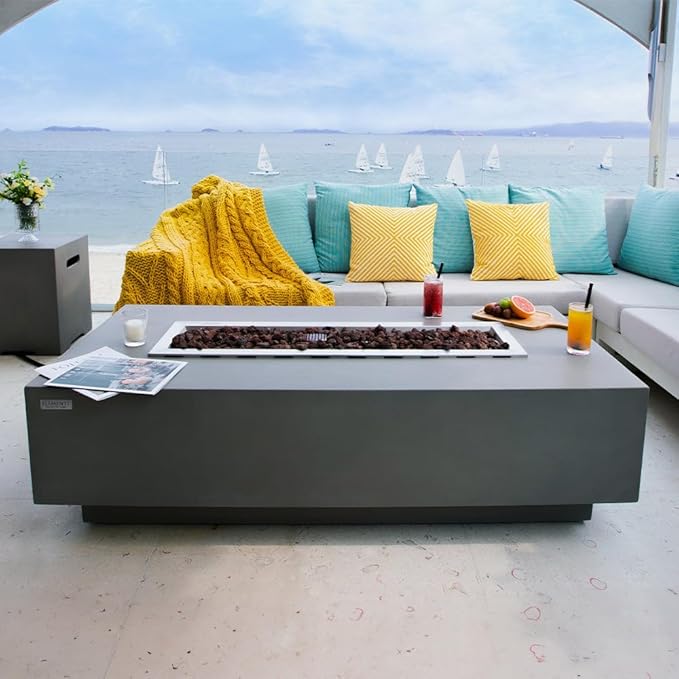 Granville Concrete Fire Pit 60" x 27" Outdoor Patio Firepit Includes Lava Rocks Modern Fire Pits & Outdoor Fireplaces for Garden, Deck, Indoor & Outdoor Heating