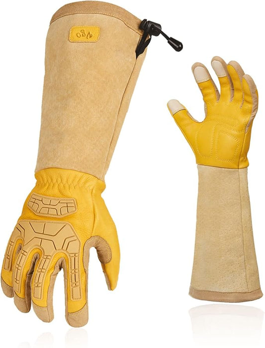Vgo... Safety Work Gloves Men,Extra-long Cuff Thornproof,Premium Cow Grain Leather,Anti-abrasion, Anti-Impact,Gardening(1 Pair,Size M, Gold, CA9659)