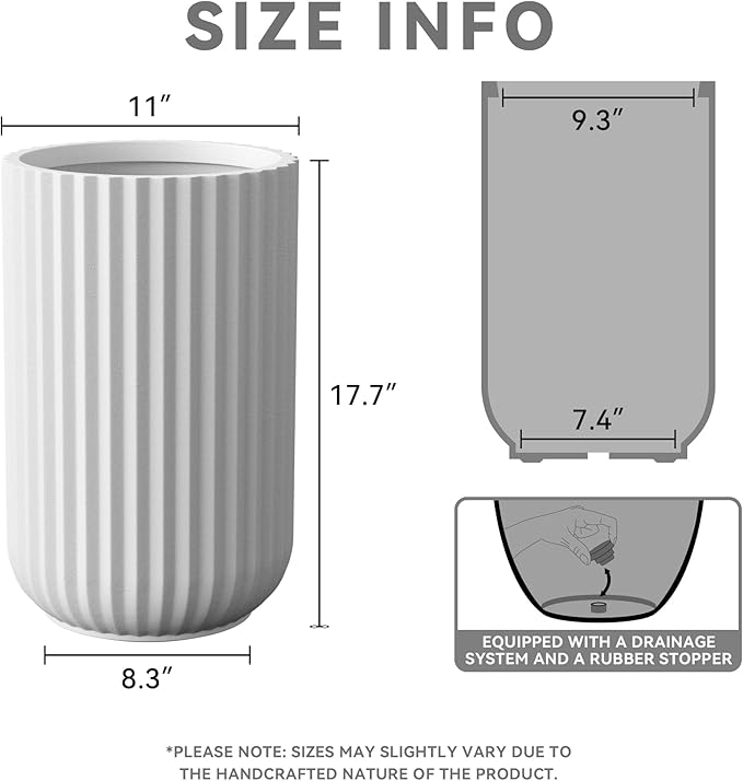 Kante Tall Fulted Planter, 17.7 Inch Tall Round Concrete Plant Pots with Drainage Hole and Rubber Plug, Modern Decor for Indoor Outdoor Plants, Flower, White