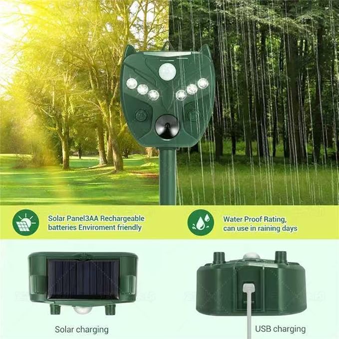Solar Motion Sensored Animal Repellent, Motion Sensor Sound Flashing Light, Repel Rabbit, Deer, Squirrers, Birds, Fox, Raccoon, Skunk, Coyote for Yard, Outdoors