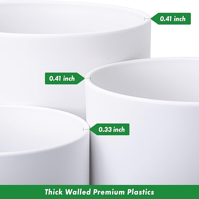 D'vine Dev 12 Inch 14 Inch 16 Inch, Set of 3 Plastic Planter Pots for Plants with Drainage Hole and Seamless Saucers, White Color, XXX-Large, 74-V-A-7