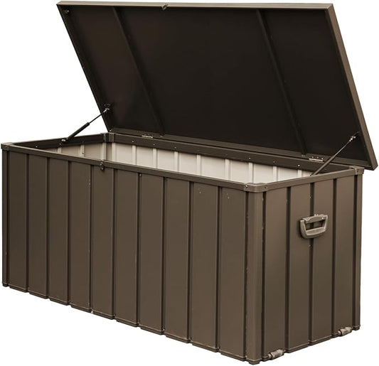 100 Gallon Outdoor Storage Deck Box Waterproof, Large Patio Storage Bin for Outside Cushions, Throw Pillows, Garden Tools, Lockable (Dark Brown)
