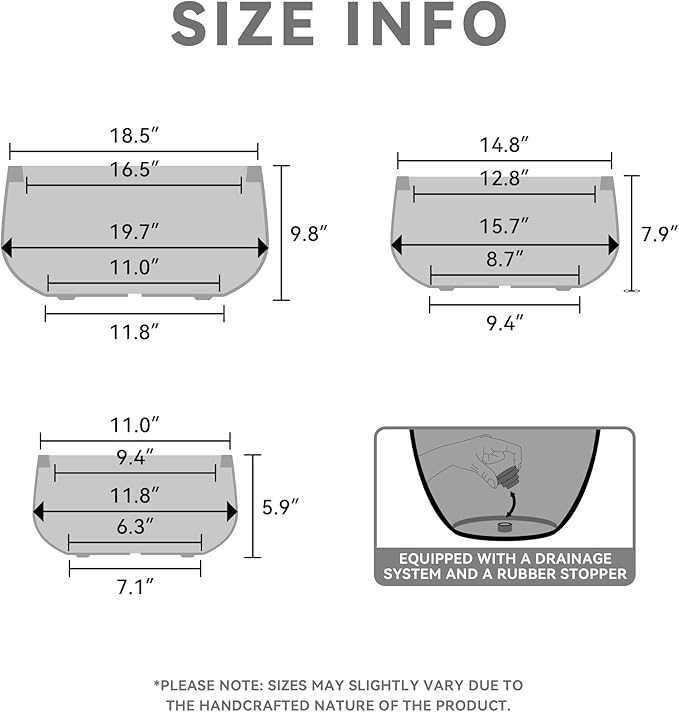 Kante 19.6",15.7",11.8" Dia Round Concrete Planters Set of 3, Outdoor Indoor Garden Plant Pots with Drainage Hole and Rubber Plug, Modern Curvaceous Design, Weathered Concrete