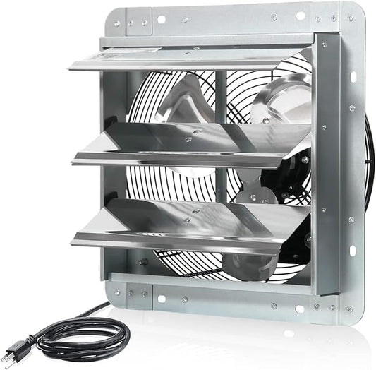 JVO 12 Inch Shutter Exhaust Fan 1450 CFM High-Powered Ventilation, Ideal for Attics, Greenhouses, Garages and Chicken Coops - Wall Mount for Easy Installation (12 inch Fan Wtih Power Cord)
