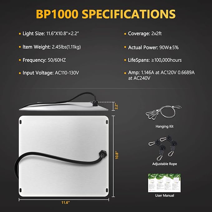 Bloom Plus LED Grow Light BP1000 for Indoor Plants, Full Spectrum Grow Lamp with 336 High-Efficiency Diodes, 2x2 ft Coverage for Seedling, Vegetables, and Flowering