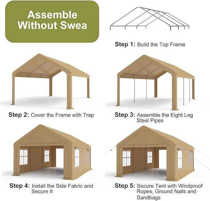 10x20FT Portable Garage, 10'x20' Carport Heavy Duty, Galvanized Frame & 180 g PE Waterproof Canopy, with 4 Doors (Included 2 Side Doors), and 4 Windows, for Pickup Truck, and Boat