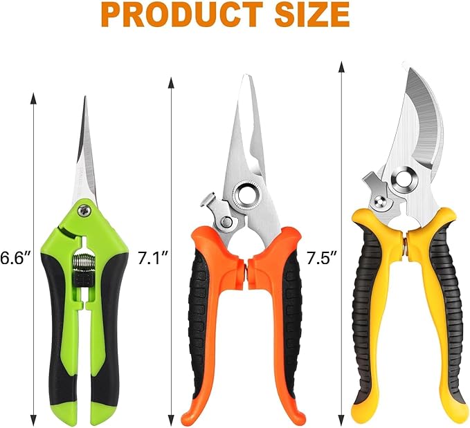 3 Pack Garden Pruning Shears, Stainless Steel Gardening Scissors Set with Storage Bag - Sharp Handheld Pruners for Plants, Flowers, Branches - Ergonomic Garden Clippers & Tools