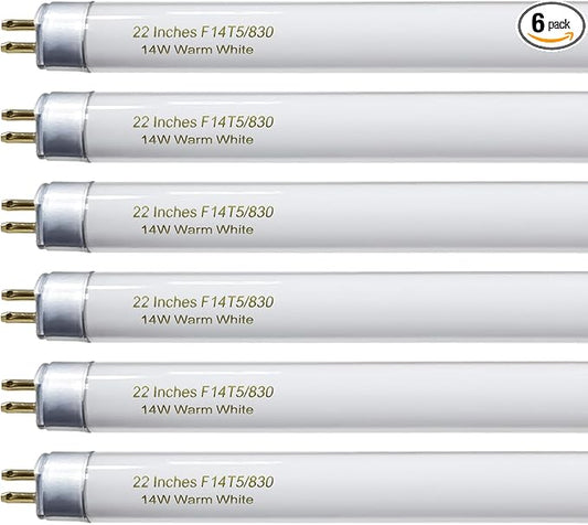22 Inch T5 Fluorescent Light Bulb 14 Watt F14T5/WW Compatible with Sylvania Satco Philips GE Under Cabinet Lamp Light 3000K Warm White 800 Lumen G5 Base 6 Count