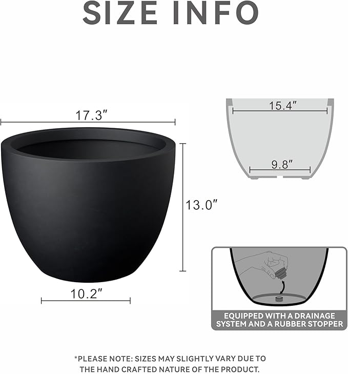 Kante 17.3 Inch Round Concrete Planter - Classic Large Indoor/Outdoor Plant Pot with Drainage Hole and Rubber Plug, Suitable for Gardens and Patios, Black