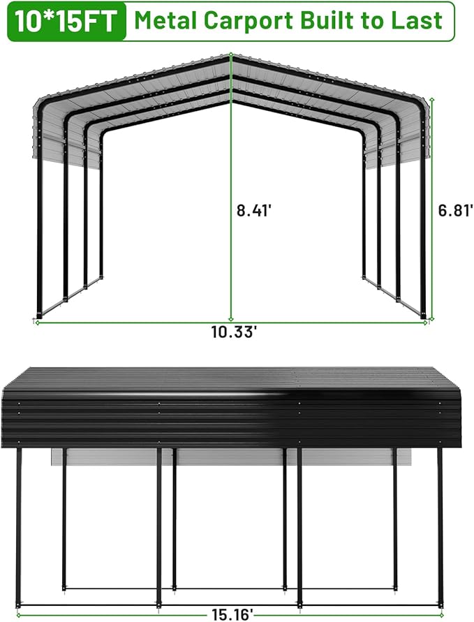 10 x 15 FT Metal Carport with Heavy Duty Galvanized Steel Roof & Durable Frame, Metal Car Garage, Sturdy Canopy Shelter for Car, Truck, Pickup, SUV, Tractor, and Boat