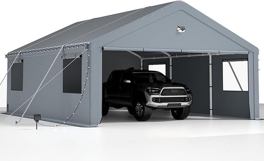 2 Car Carports 20X20 Heavy Duty，Car Port with 180G Removable Side Walls, Carport Canopy, Portable Car Port Garage, Car Shelter All Weather,Gray