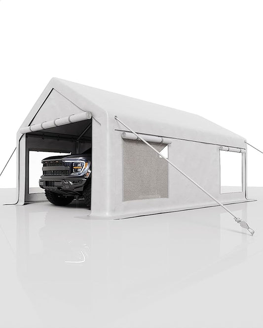 12x20 Ft Carport, Car Port with 200g PE Tarp, Roll-Up Doors, and 4 Windows, for Full-Size Pickups, Bass Boats, Tractors, and SUVs, White