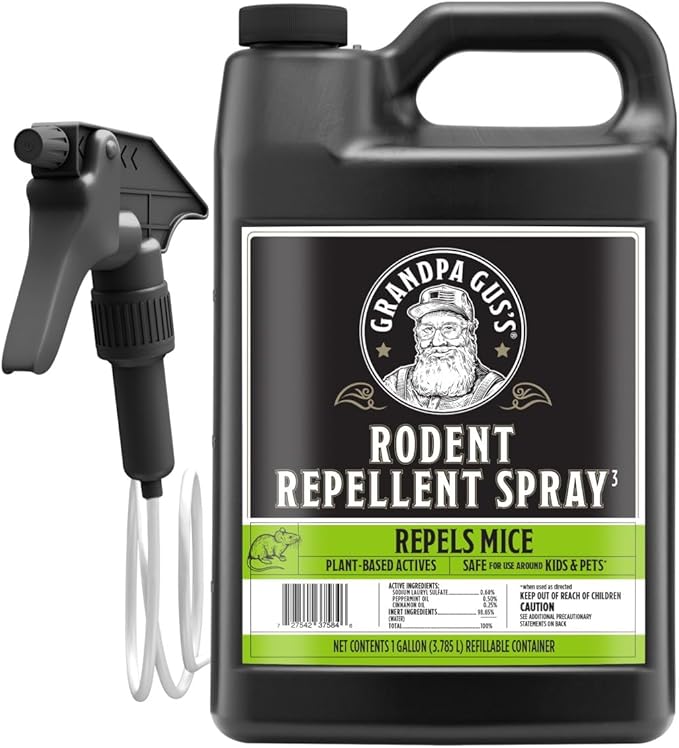 Grandpa Gus's Rodent Repellent Spray with Sprayer, Natural Peppermint & Cinnamon Oils Repel Mice and Stop Rats, 1 Gallon (Pack of 1)