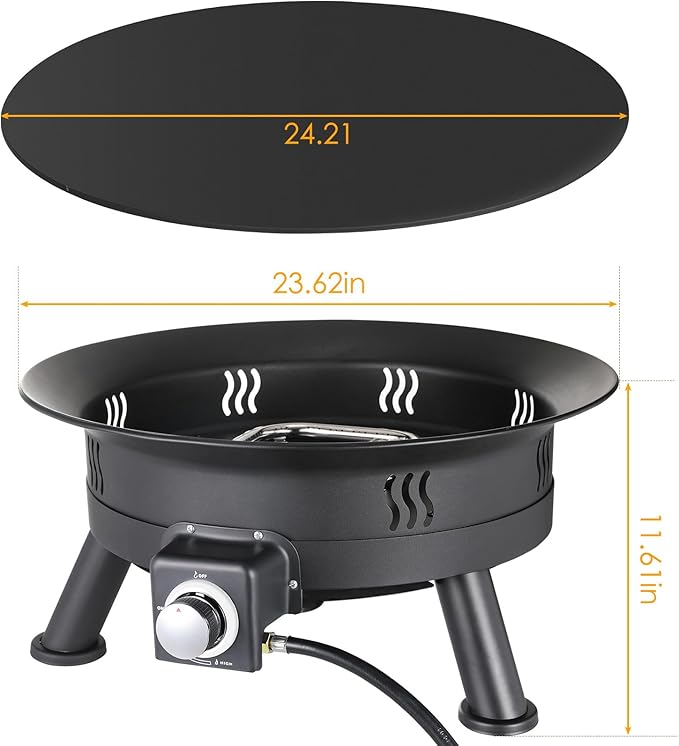 TLSUNNY 24'' Propane Fire Pit，58,000 BTU Portable Smokeless Firebowl with Self Igniter,Cover，Lava Rocks，Gas Cylinder Holder for Camping，Outdoor Living，Patio，Backyard,Tailgating,Garden，Deck,RV